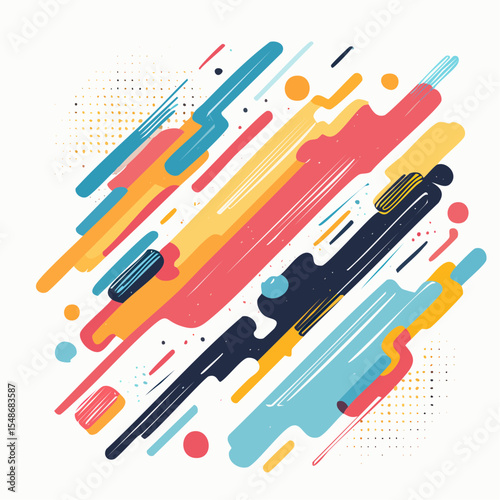 Colorful abstract design featuring diagonal lines and shapes, vibrant composition.