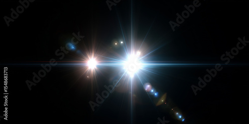 Bright star flares creating light beams on black background