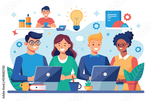 Team collaboration in a modern workspace with laptops and creative ideas
