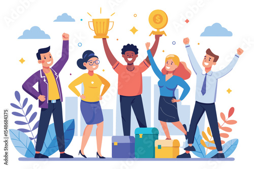 Team celebrating victory with trophy and award in a modern office environment during the day