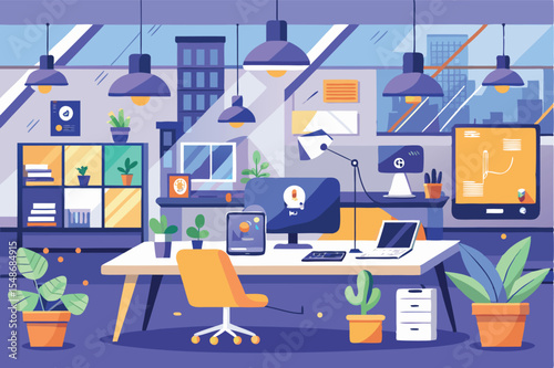 Modern workspace featuring technology, plants, and natural light during a sunny day in an urban environment