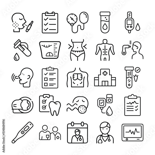 Collection of Medical and Healthcare Icons Representing Various Health Conditions and Diagnostic Tools