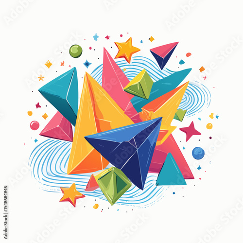 Vibrant, colorful geometric shapes explode from a swirling, abstract background.
