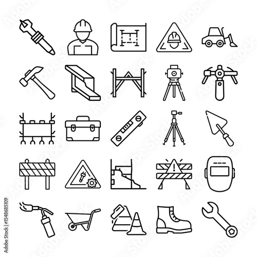 Construction and Building Industry Tools and Equipment Outline Icons Set on White