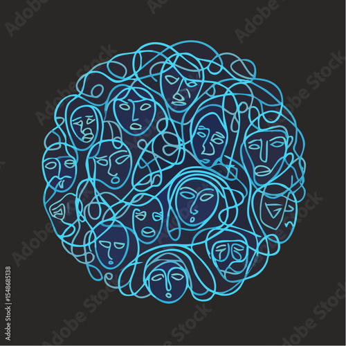 Abstract circular design featuring numerous stylized female faces interconnected by swirling lines, creating a sense of community and interconnectedness.