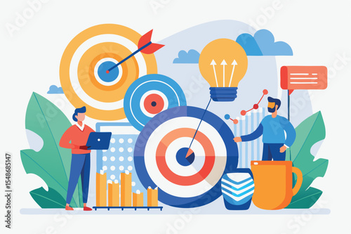 Creative teamwork in a digital workspace with targets and analytics represented visually