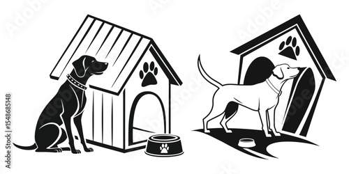 Two Dogs with Doghouses Black and White Illustration