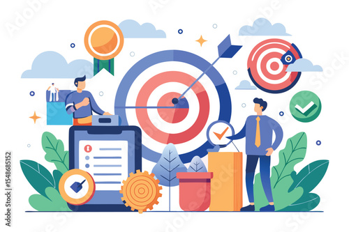 Illustration of goal setting and achievement in a business environment with emphasis on targets and teamwork