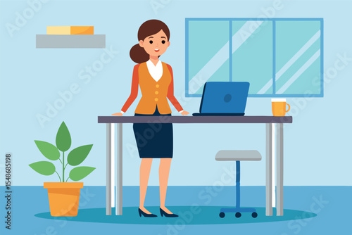 Professional woman stands at a modern office desk with laptop and plant during a bright day