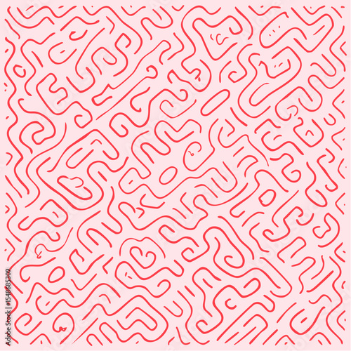Abstract red lines intricately woven across a soft pink background.