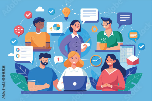 Collaborative teamwork environment with diverse individuals engaged in brainstorming session at a tech workspace