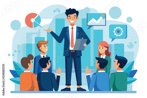 Business presentation with team discussing strategies and growth metrics in a modern office environment