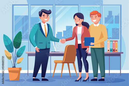 Business professionals shaking hands in modern office setting during work hours