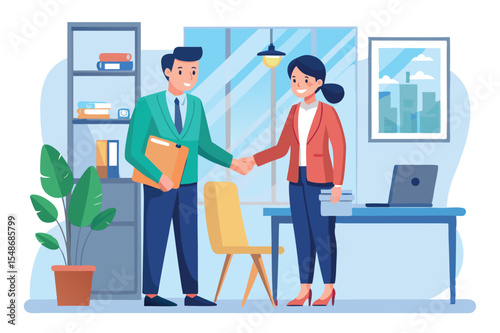 Business professionals engage in handshake meeting in modern office setting during daytime