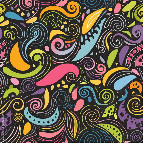 Colorful, abstract pattern featuring swirling shapes, vibrant hues, and intricate details.