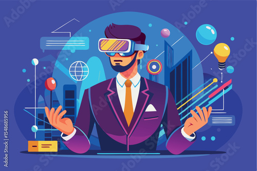 Business professional in virtual reality headset exploring technology and innovation in a modern urban setting