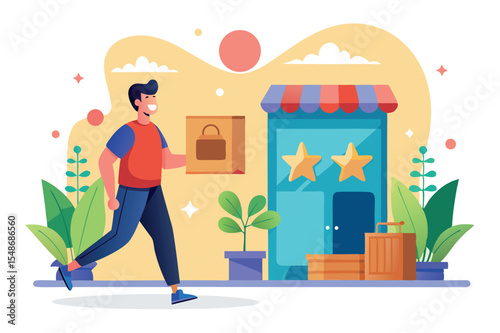 Person carries a package while walking past a colorful storefront in a vibrant urban setting