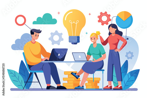 Team brainstorming solutions in a modern workspace with creative elements and collaborative atmosphere