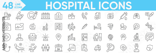 Hospital icons Vector and illustrator set. doctor, nurse, equipment, stethoscope, professionals for use in medical applications, websites, infographics and more.