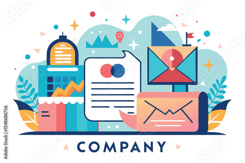 Creative graphic depicting business communication elements with colorful visual representations