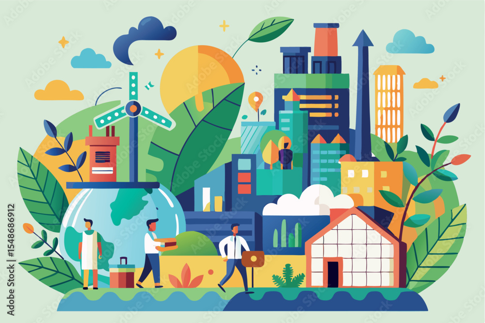Obraz premium Eco-friendly cityscape blending nature and urban life with renewable energy sources in modern design