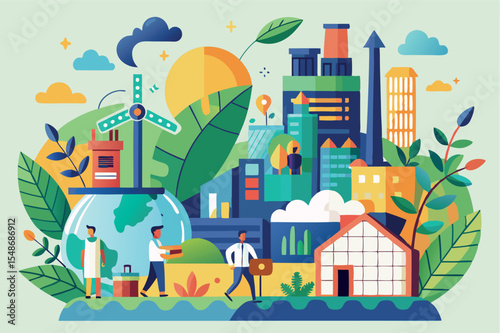Eco-friendly cityscape blending nature and urban life with renewable energy sources in modern design
