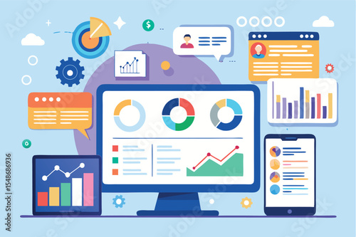 Colorful data visualization and analytics dashboard displaying trends and statistics in a modern workspace
