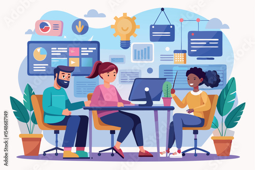 Three colleagues collaborate in a modern workspace discussing project ideas and data analysis in a vibrant office environment