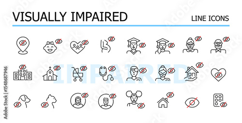 Set of icons for visually impaired people, inclusivity for disability. Editable stroke vector icon set