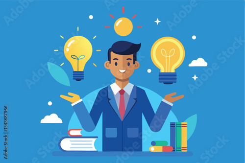 Professional presenting creative ideas with light bulbs and books in a bright, cheerful environment