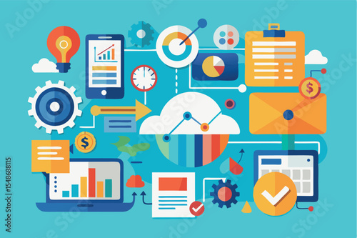 Colorful digital marketing concept illustrating data analysis and online strategies for business growth
