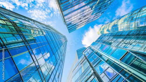 Glass and steel skyscrapers under blue sky, modern urban architecture with reflective surfaces, wide shot with compressed perspective, f/8.0, even 
