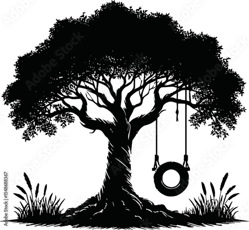 Silhouette of tree with tire swing hanging vector style on white background