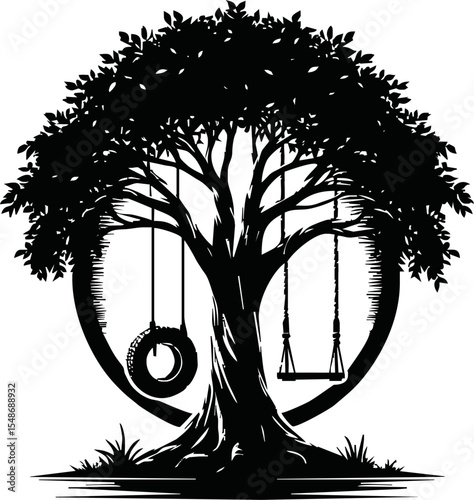 Silhouette of tree with tire swing hanging vector style on white background