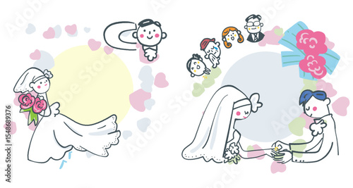 丸くつながる幸せの日　ハッピーウェディング　セットのストックイラスト素材集
