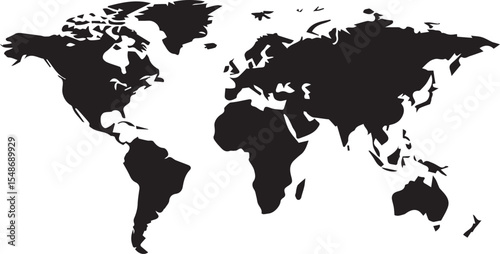 Black and White World Map Graphic Simple Flat Design Global Continent Illustration Background