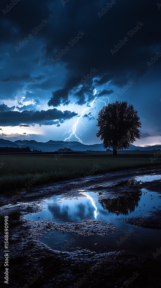 Fototapeta premium Lightning Strikes Behind Lone Tree, Reflected in Muddy Puddles on a Stormy Night