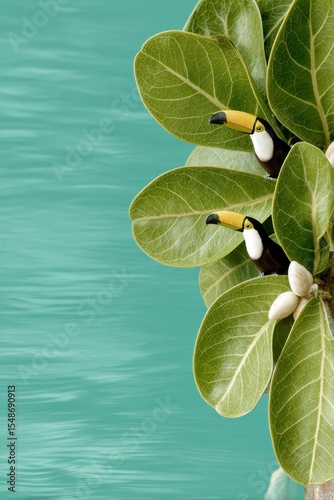 Two Toucans in Lush Green Tropical Foliage Against Teal Background