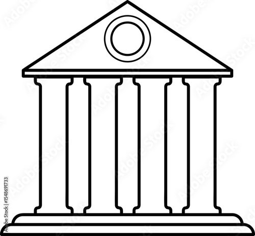 Classical Temple Facade Line Drawing:  Gabled Roof, Circular Oculus, Doric Columns