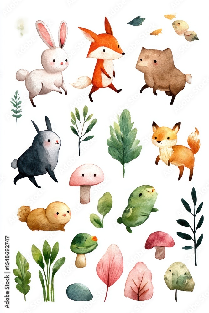 Naklejka premium Cute woodland creatures and foliage