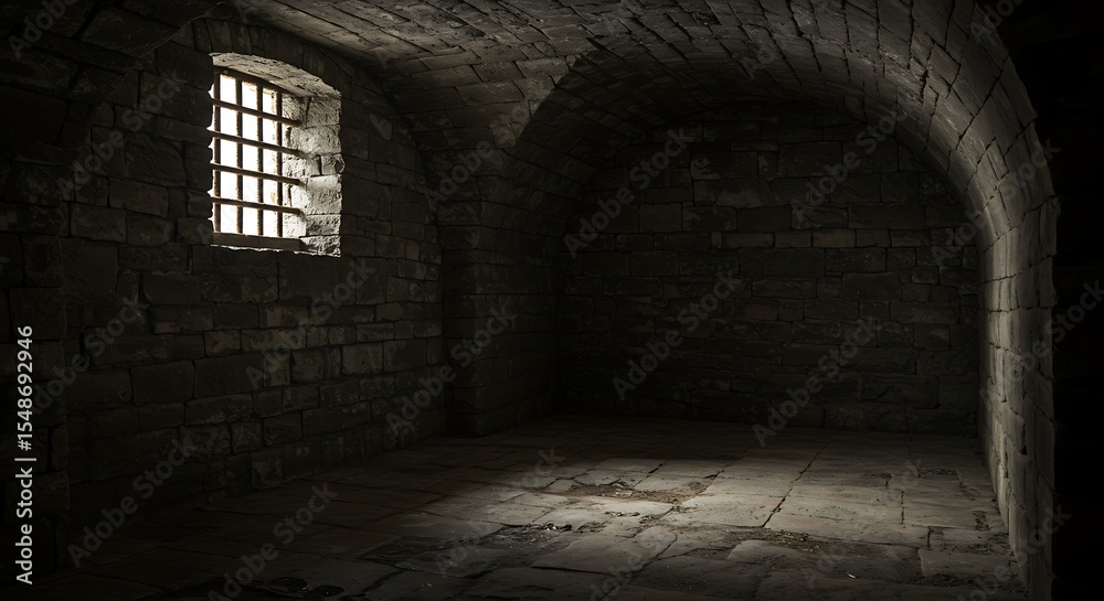 Fototapeta premium Light in the window of a dungeon in a stone old castle