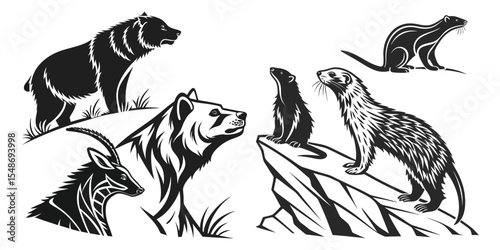 Stylized Wild Animals Black and White Graphic Set