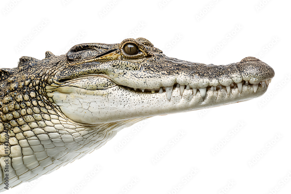 Fototapeta premium Crocodile close up with sharp teeth and detailed scaly skin texture isolated on transparent background
