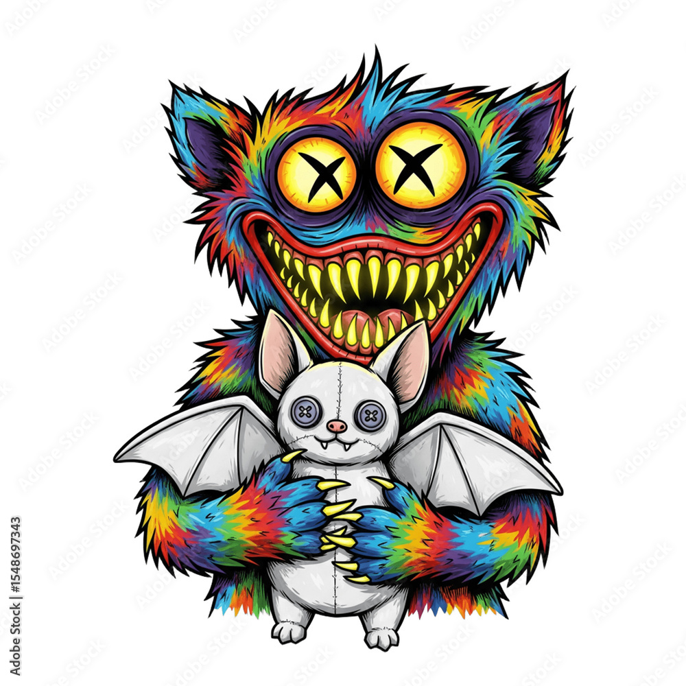 Fototapeta premium Colorful Furry Monster Hugging Bat Plush – Weird Cute Creature Illustration