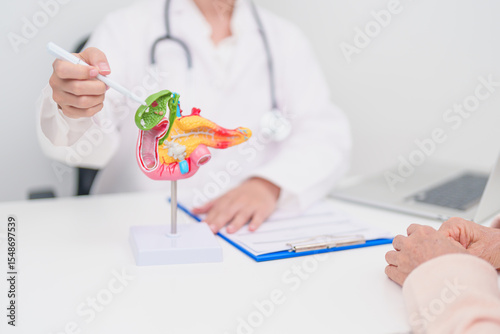 Elderly Patient consultation with doctor for Pancreas, Gallbladder, Bile Duct, Duodenum, Small intestine. Pancreatic cancer, Acute and Chronic pancreatitis, Digestive system and medical healthcare