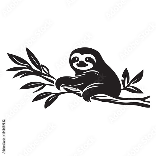 Black and White Sloth Hanging from Tree Branch Minimalist Ink Illustration, A modern icon is represented by a simple silhouette design of a sloth in black, placed on a white background