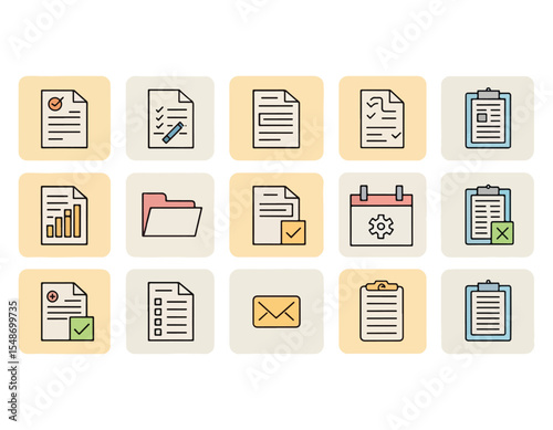 Document Icons Checklist, Report, File, Folder, and More - Vector Illustrations