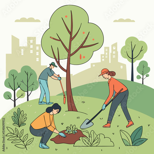 Environmental care poster. People planting trees, seedings in city park. Environmental care and volunteerism concept. Engage for a greener future. Flat cartoon vector illustration