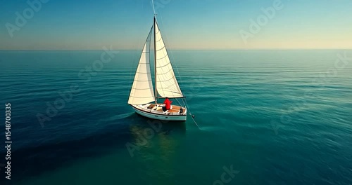 Lone sailboat on tranquil ocean, person sailing.
