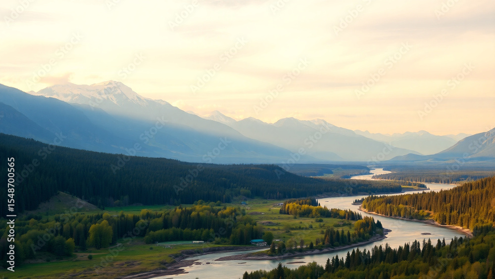 Fototapeta premium Mountain landscape with alpine meadow and colorful forest at sunset.